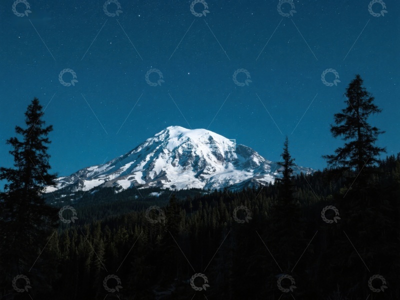 高清大图下载【趣麦麦图】夜幕下的雪山与森林