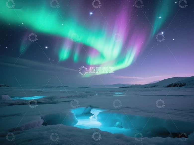 极光映照下的冰川夜景