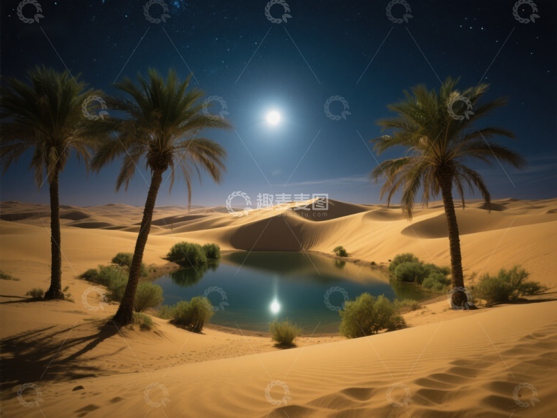 高清大图下载【趣麦麦图】月夜沙漠绿洲