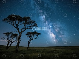 星空下的孤树剪影