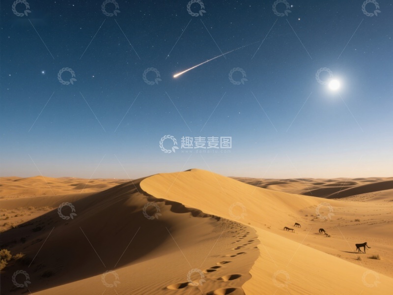 高清大图下载【趣麦麦图】沙漠夜景：流星划过星空