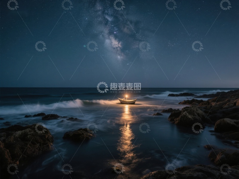高清大图下载【趣麦麦图】夜空银河下的海边小船