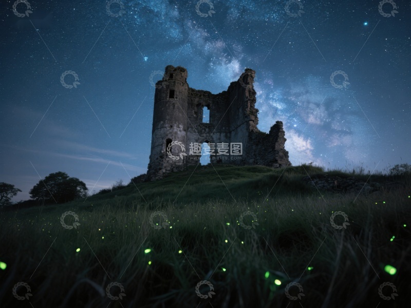 高清大图下载【趣麦麦图】-星空下的古老废墟与萤火虫
