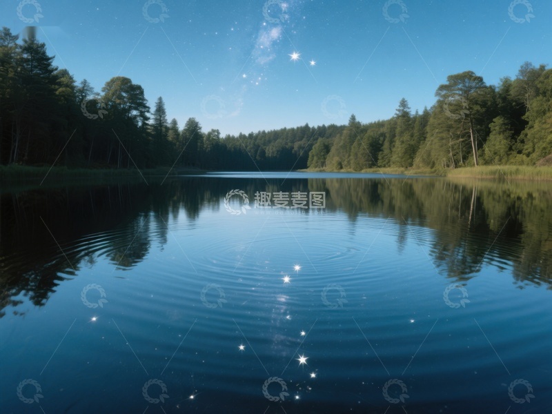 高清大图下载【趣麦麦图】宁静湖面映星空，森林环绕夜景美