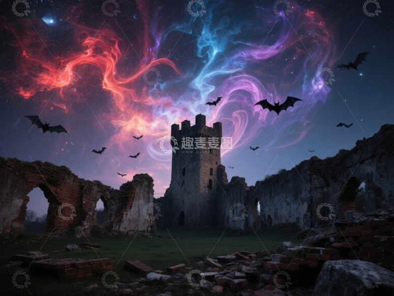 高清大图下载【趣麦麦图】神秘古堡夜景，彩云与蝙蝠环绕
