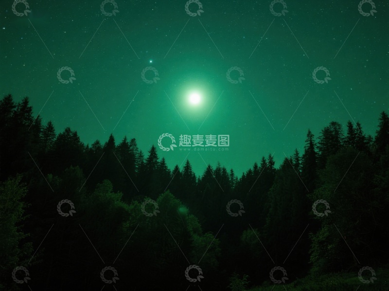 高清大图下载【趣麦麦图】夜空下的森林与神秘绿光