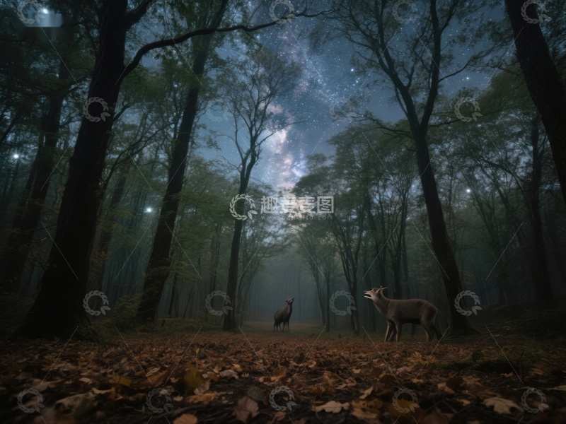 高清大图下载【趣麦麦图】夜林中的鹿与星空
