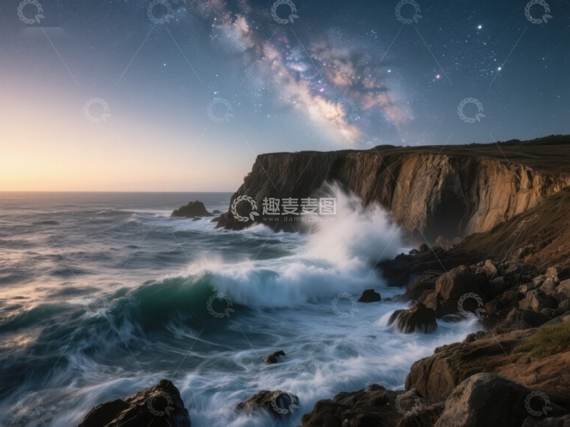 高清大图下载【趣麦麦图】星河璀璨，海浪拍岸