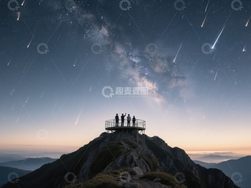 高清大图下载【趣麦麦图】山顶观星台上的四人仰望流星雨