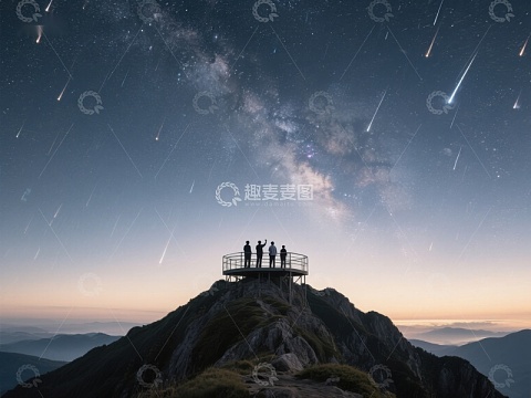 山顶观星台上的四人仰望流星雨