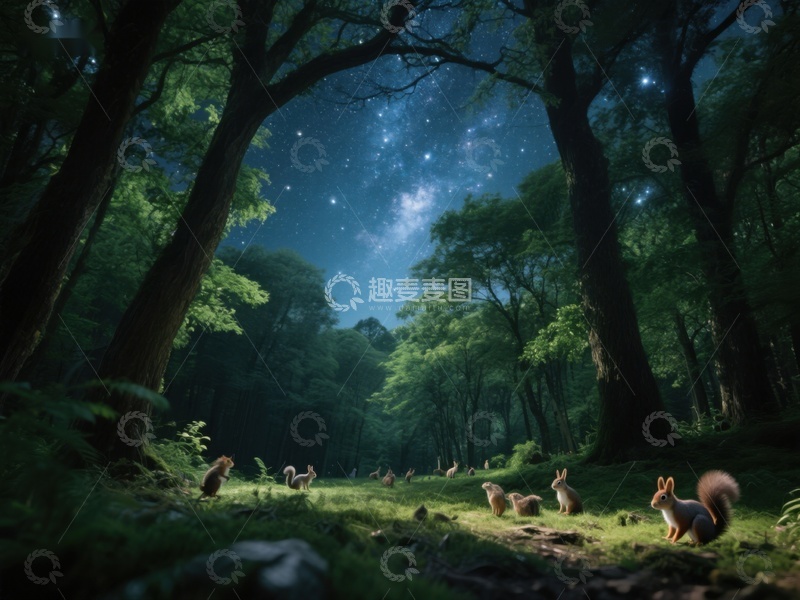 高清大图下载【趣麦麦图】夜幕森林中的动物聚会