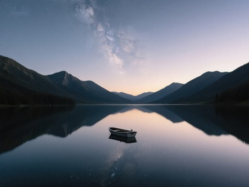 静谧湖面孤舟映星空