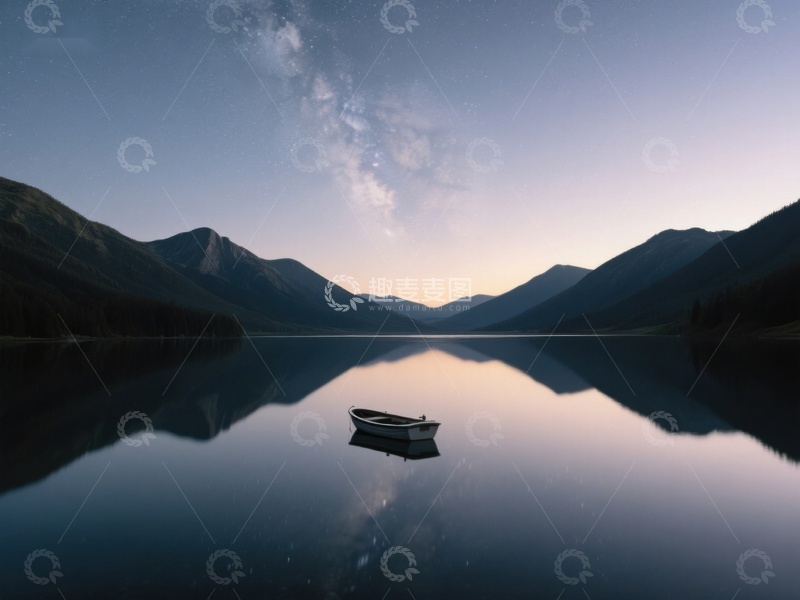 高清大图下载【趣麦麦图】静谧湖面孤舟映星空