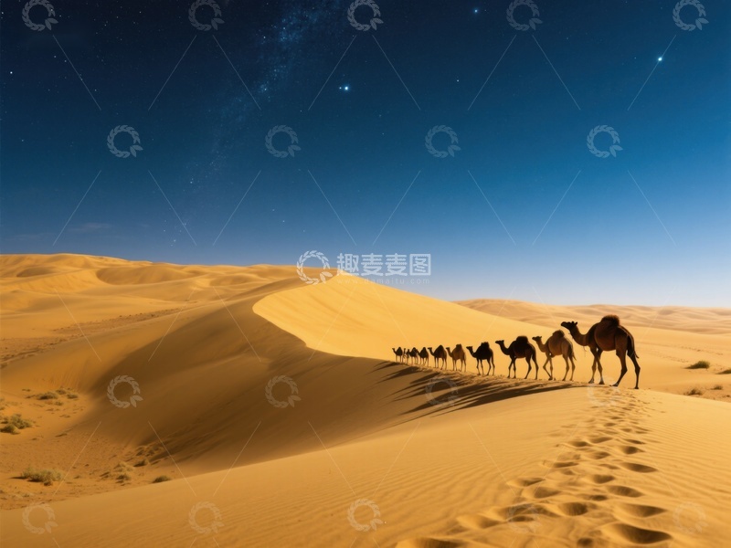 高清大图下载【趣麦麦图】夜空下的沙漠骆驼队