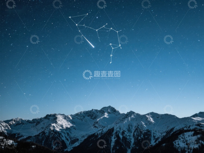 高清大图下载【趣麦麦图】雪山夜空下的星座与流星