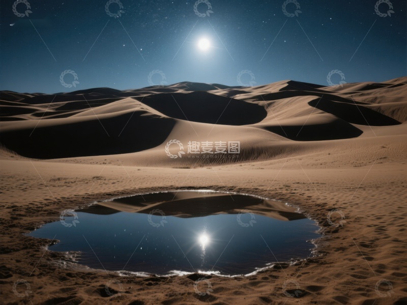 高清大图下载【趣麦麦图】月光下的沙漠与水洼倒影