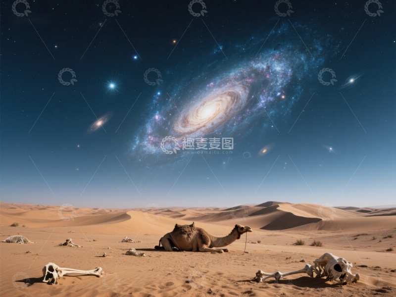 高清大图下载【趣麦麦图】沙漠夜空下的骆驼与星系