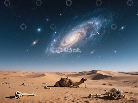 沙漠夜空下的骆驼与星系