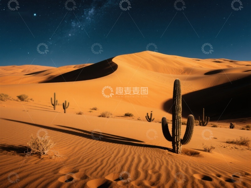 高清大图下载【趣麦麦图】夜幕下的沙漠与仙人掌