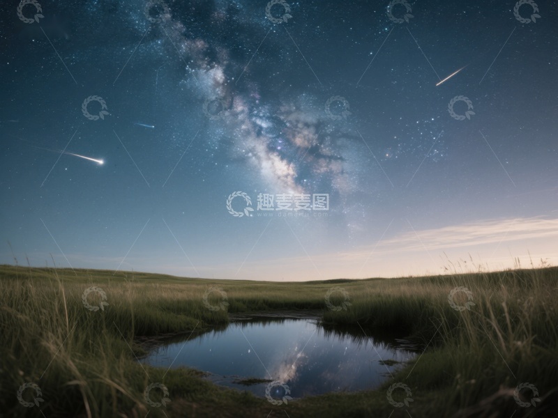 高清大图下载【趣麦麦图】银河夜空下的静谧池塘