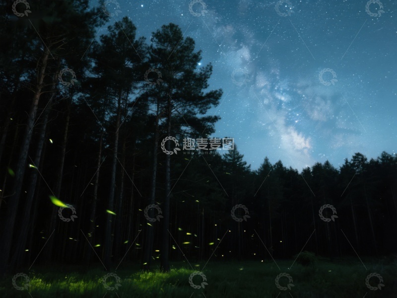 高清大图下载【趣麦麦图】夜空下的森林与萤火虫