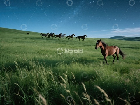 草原夜景中奔跑的马群