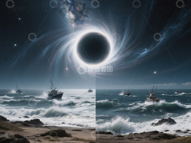 高清大图下载【趣麦麦图】黑洞奇观与海上渔船