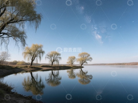 湖畔垂柳倒影，宁静自然风光