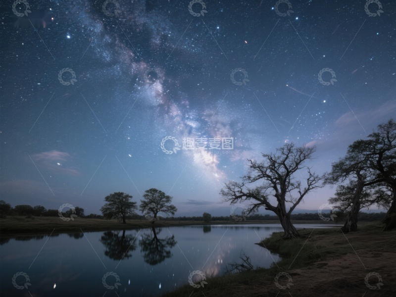 高清大图下载【趣麦麦图】银河映照湖面，夜空下的静谧风景