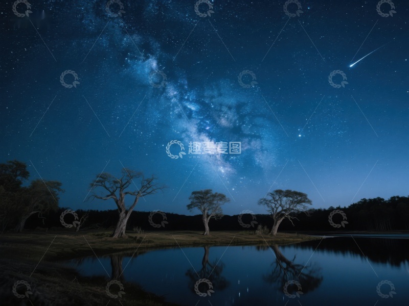 高清大图下载【趣麦麦图】银河映照湖面，夜空流星划过