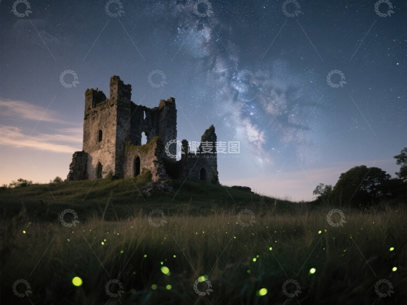 高清大图下载【趣麦麦图】星空下的古堡遗迹与萤火虫