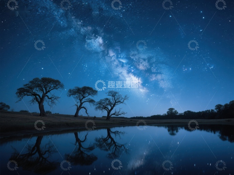 高清大图下载【趣麦麦图】夜空银河映照湖面树影