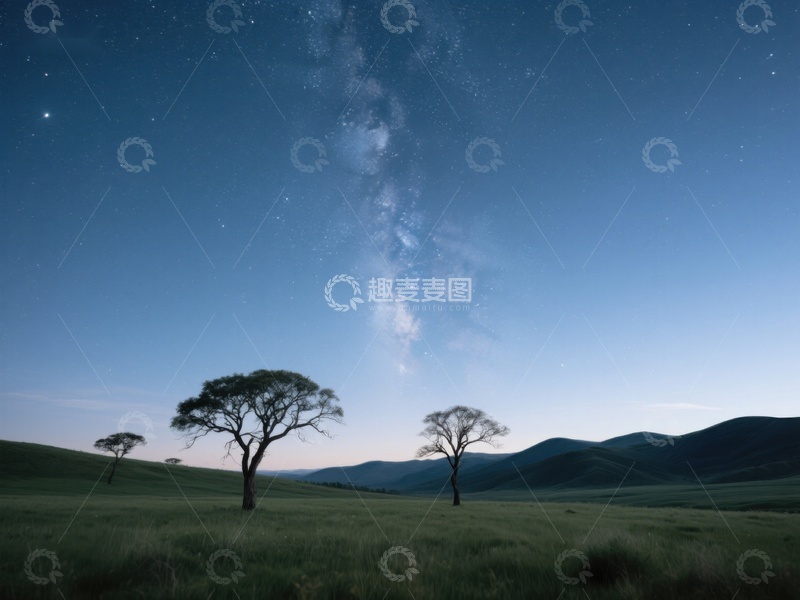 高清大图下载【趣麦麦图】星空下的孤树与草原