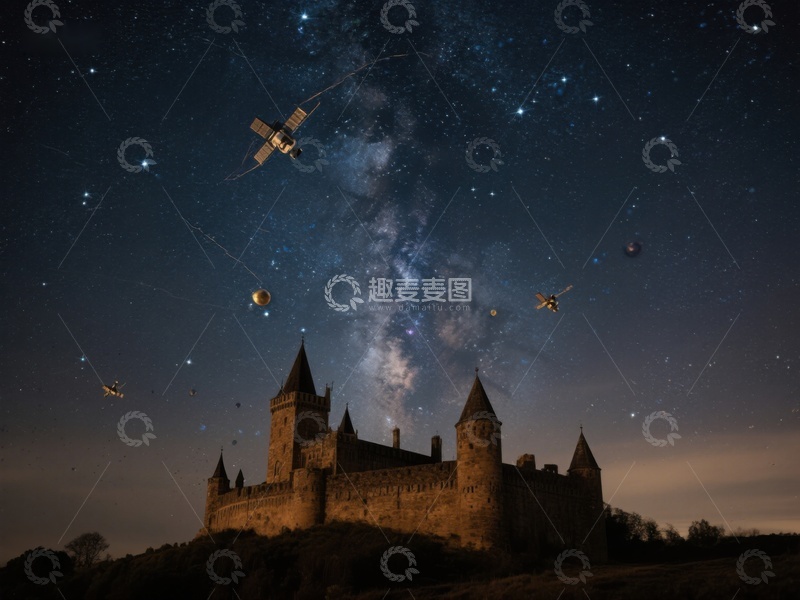 高清大图下载【趣麦麦图】星空下的古堡与飞行器