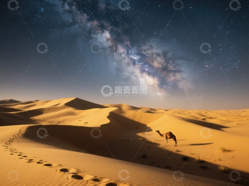 高清大图下载【趣麦麦图】沙漠夜景：星空下的骆驼足迹