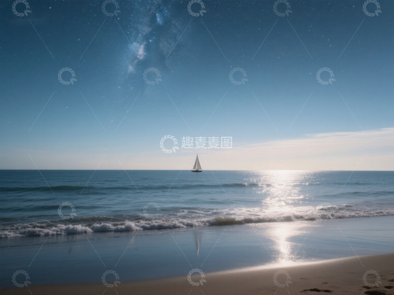高清大图下载【趣麦麦图】夜幕下的海滩与帆船