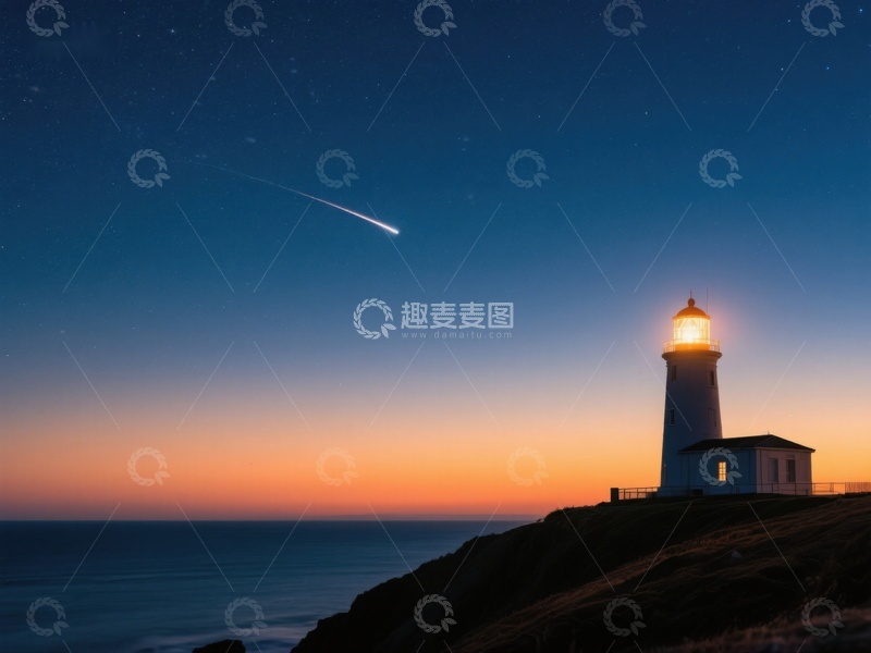 高清大图下载【趣麦麦图】夜空流星划过灯塔