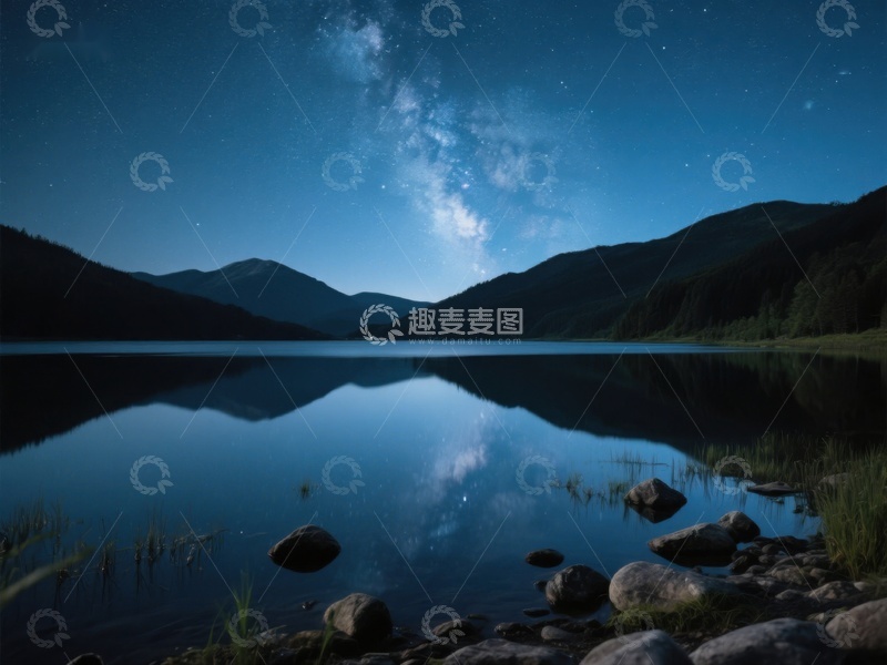 高清大图下载【趣麦麦图】夜空银河映照平静湖面