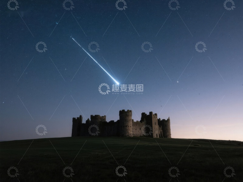 高清大图下载【趣麦麦图】流星划过夜空，古堡静谧伫立