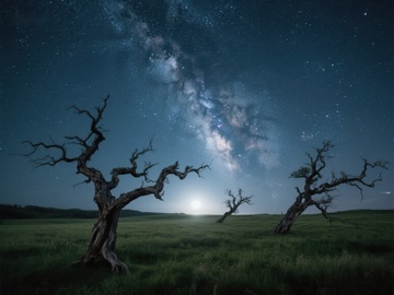 夜空下的枯树与银河