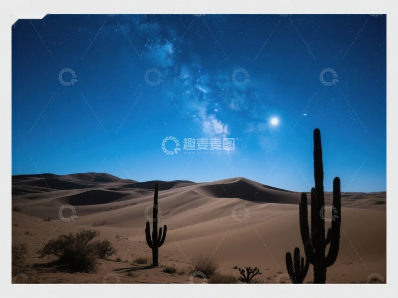 高清大图下载【趣麦麦图】沙漠夜景：仙人掌与银河