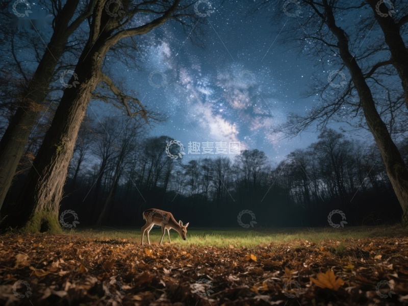高清大图下载【趣麦麦图】夜空下森林中的鹿