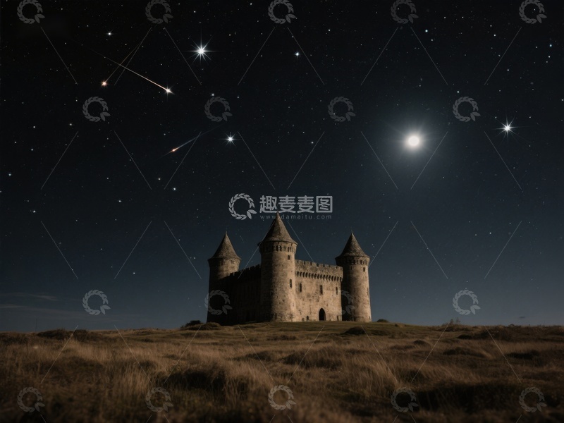 高清大图下载【趣麦麦图】夜空下的古堡与流星