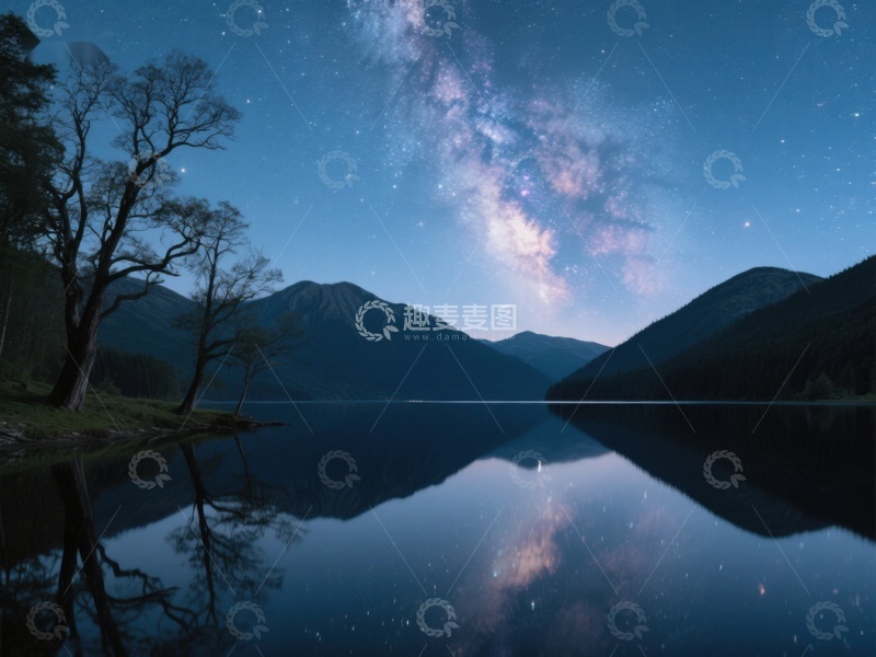 高清大图下载【趣麦麦图】夜空银河映湖面，山林静谧如梦