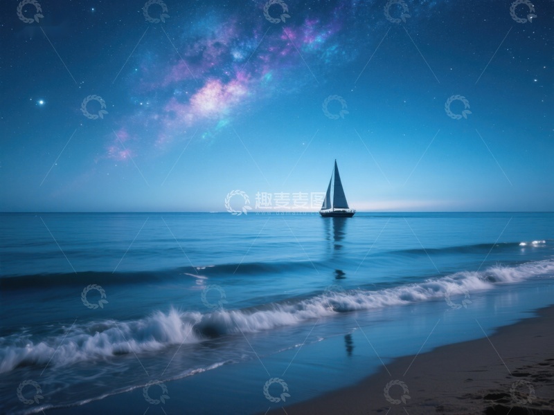 高清大图下载【趣麦麦图】夜空下的帆船与海滩