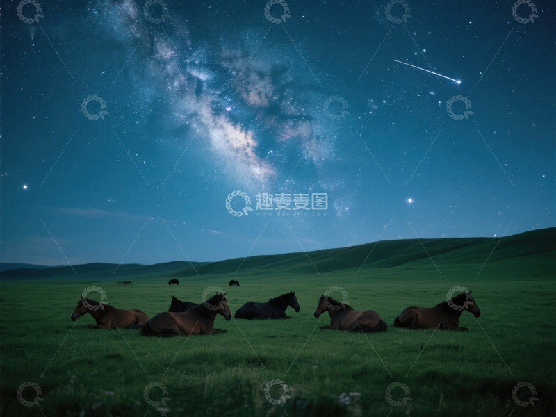 高清大图下载【趣麦麦图】夜空下静卧的马群
