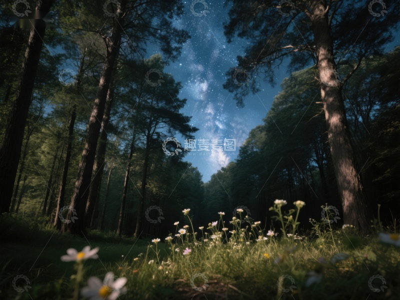 高清大图下载【趣麦麦图】夜空下的森林与野花