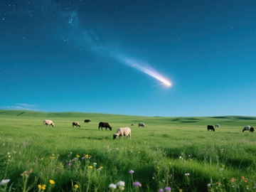 夜空彗星下的宁静牧场