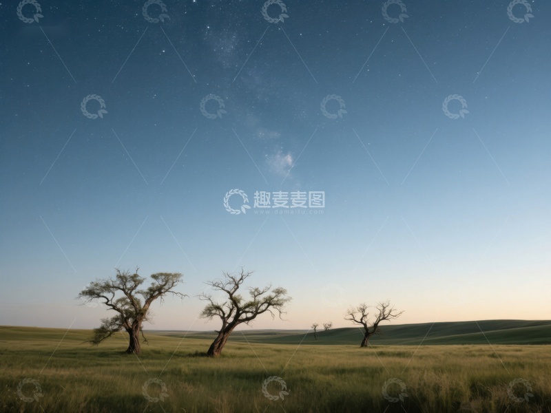 高清大图下载【趣麦麦图】星空下的草原与孤树