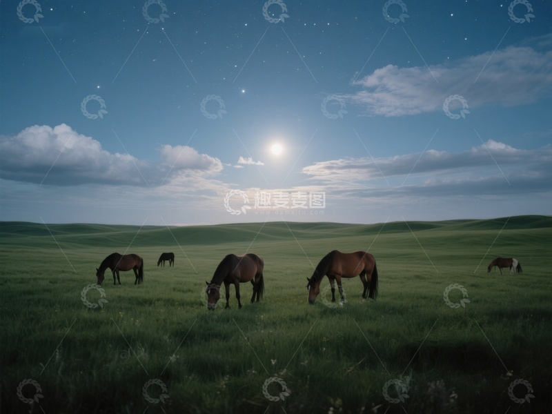 高清大图下载【趣麦麦图】月光下的草原马群